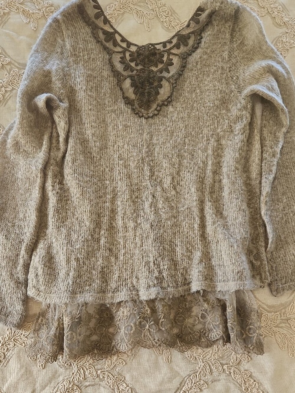 Tempo Paris Beige Open-Knit Scoop Neck Sweater with Lace Trim - Picture 4 of 5